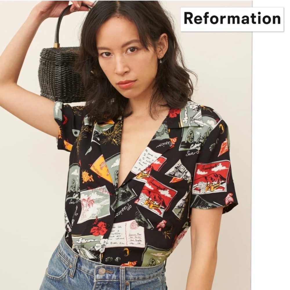 Reformation Cuba Graphic Button Down Shirt Small